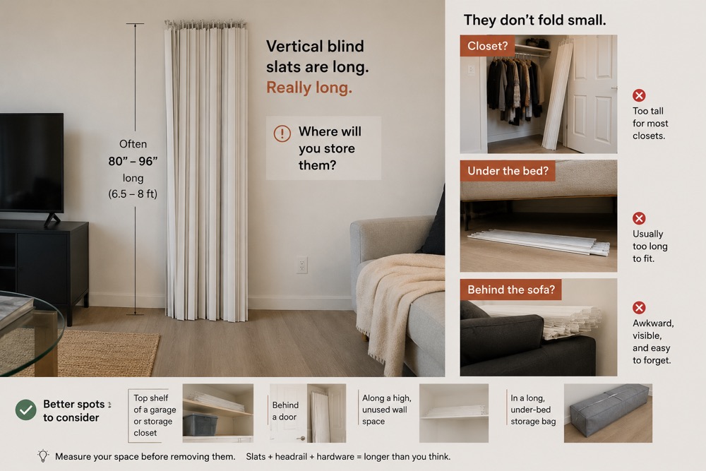 Removed vertical blind slats stored for later reinstallation
