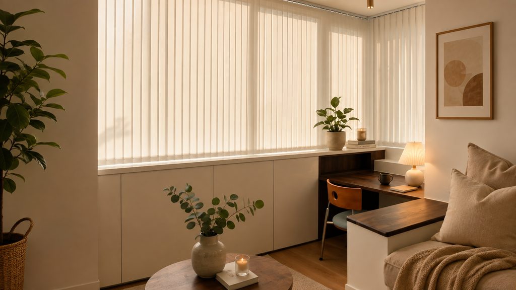 Rental living room styled around existing vertical blinds