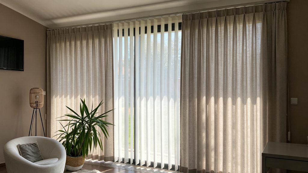 Curtains layered in front of vertical blinds in a rental apartment