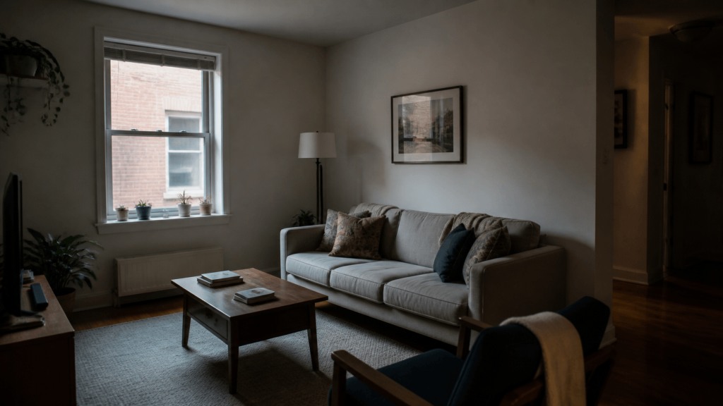 Rental living room with limited natural light