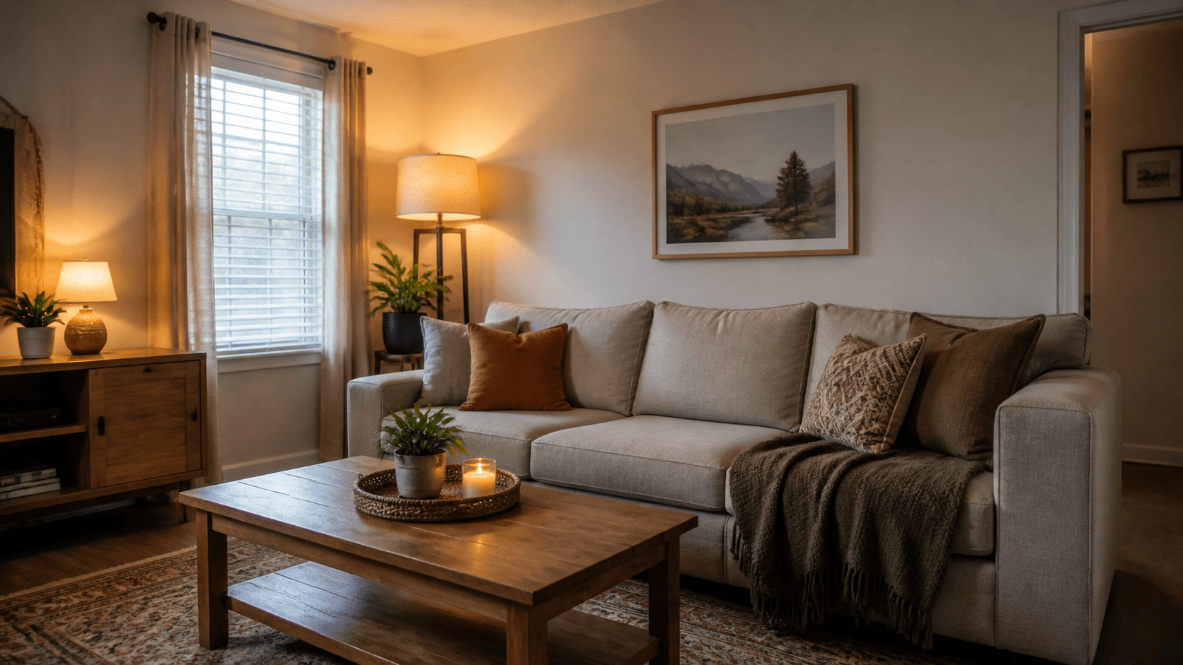 Comfortable rental room improved with furniture lighting and decor