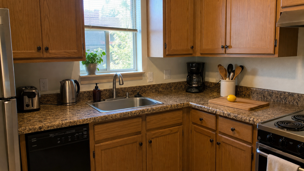 Dated brown granite countertops in a rental kitchen