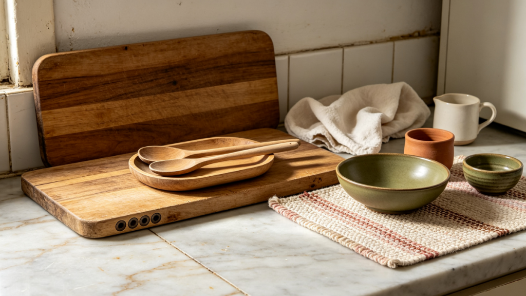 Rental kitchen working with warm brown countertops instead of covering them
