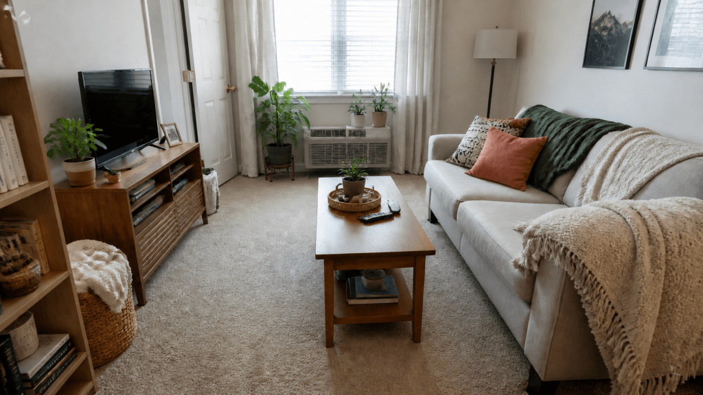 Furnished rental room with less exposed flooring visible