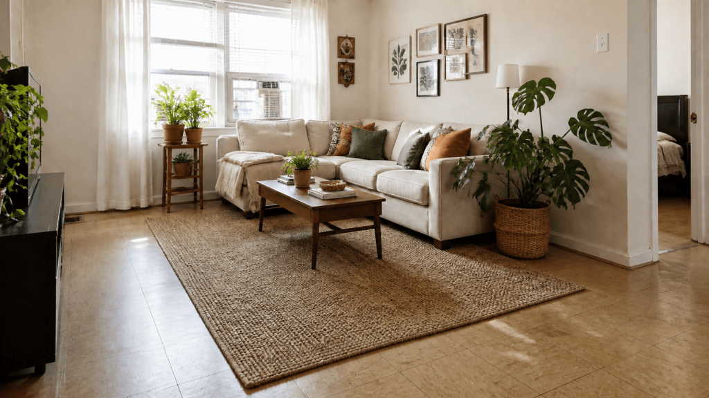 Large area rug covering the main exposed floor in a rental living room