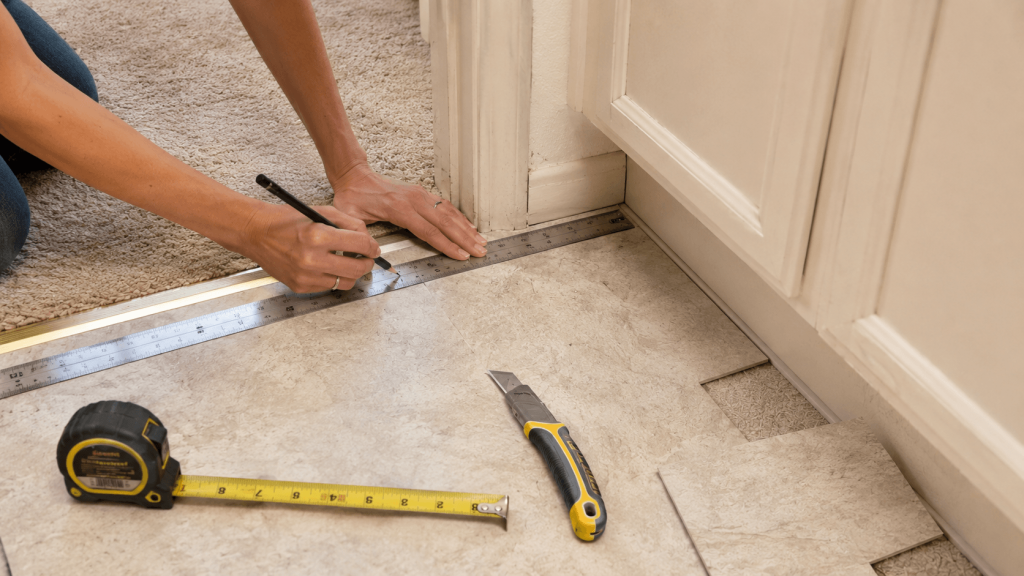 Temporary flooring fitted around the edges of a rental room