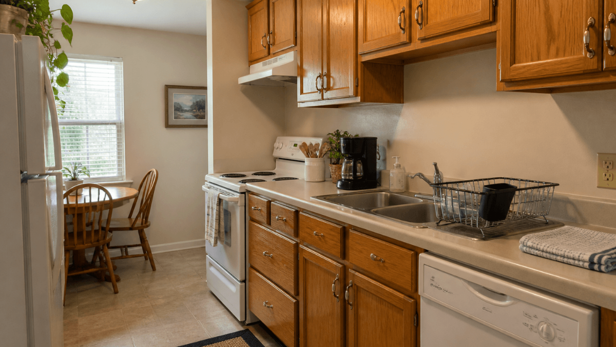 Rental kitchen with honey oak cabinets and vertical blinds