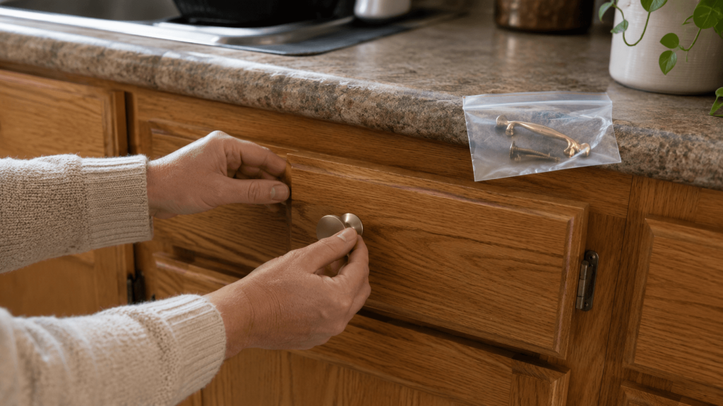 Updated cabinet hardware on existing rental kitchen cabinets