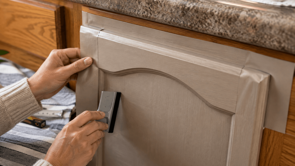 Detailed rental cabinet doors that are difficult to cover with temporary vinyl