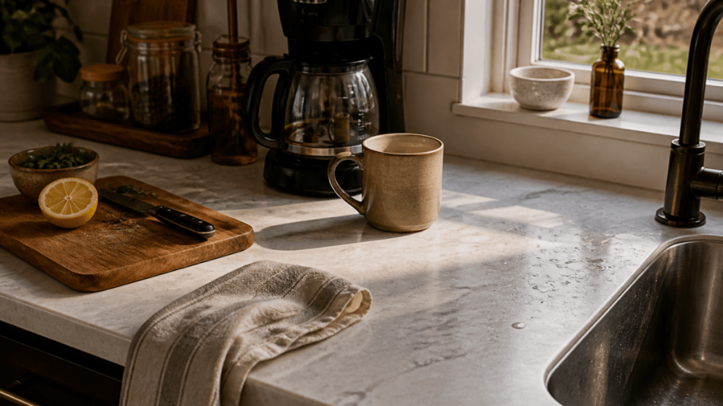 Contact paper countertop in everyday use with a coffee maker and cutting board