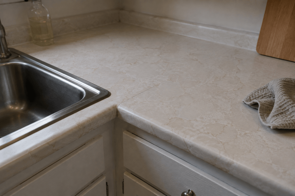 Contact paper countertop around a rental kitchen sink with a visible seam