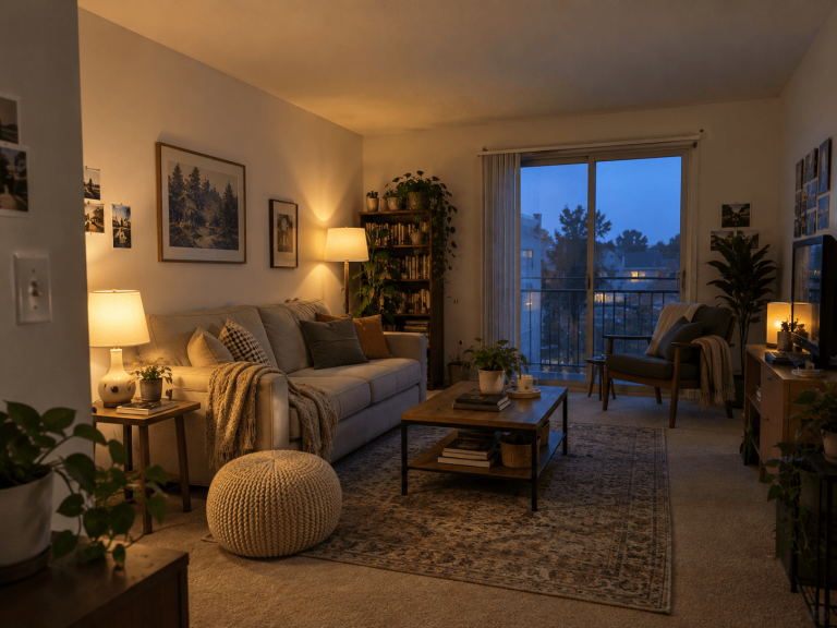 Rental living room with no overhead ceiling light, lit by floor and table lamps