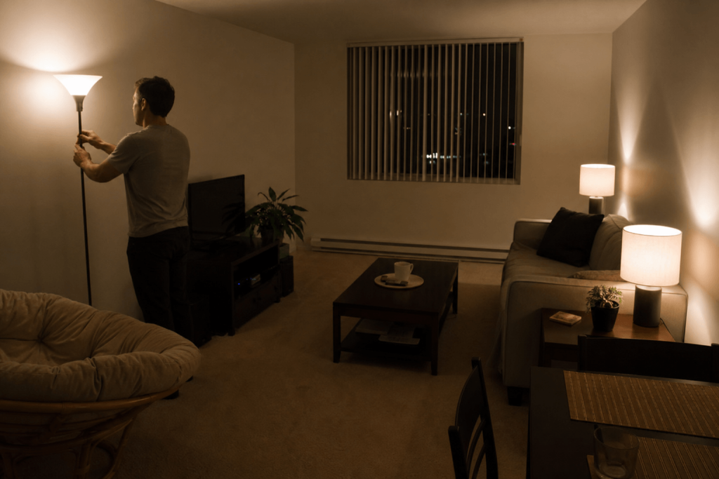 Testing floor and table lamp placement on opposite sides of a rental living room