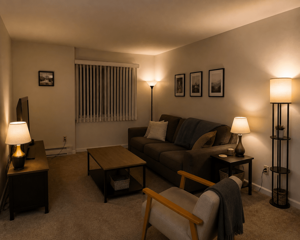 Small rental living room using several lamps to compensate for a missing ceiling light