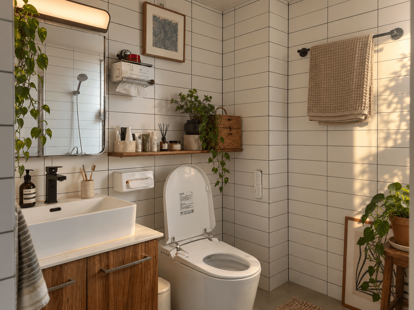 Old rental bathroom tile remaining visible in a simple furnished bathroom