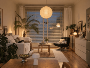 Horizontal blinds with curtains in a rental apartment window