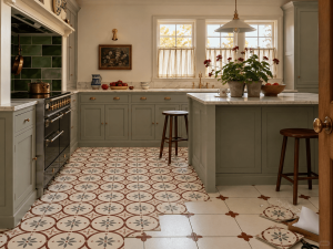 Peel-and-stick floor tile being installed over a dated rental floor