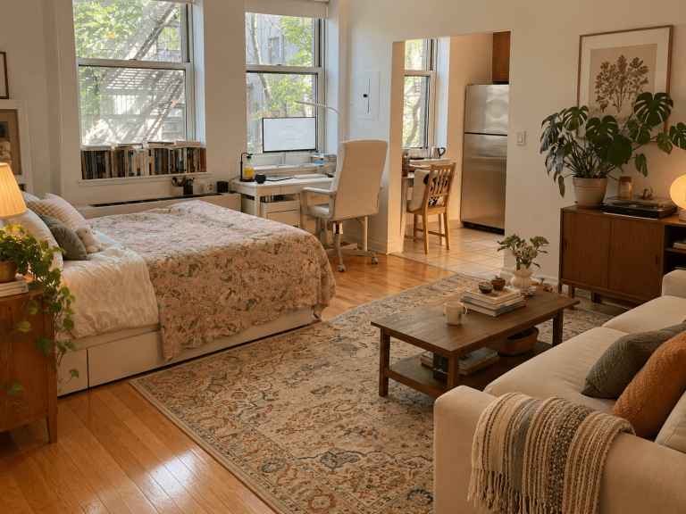 Large area rug covering the main zone of a rental living room while original flooring remains visible