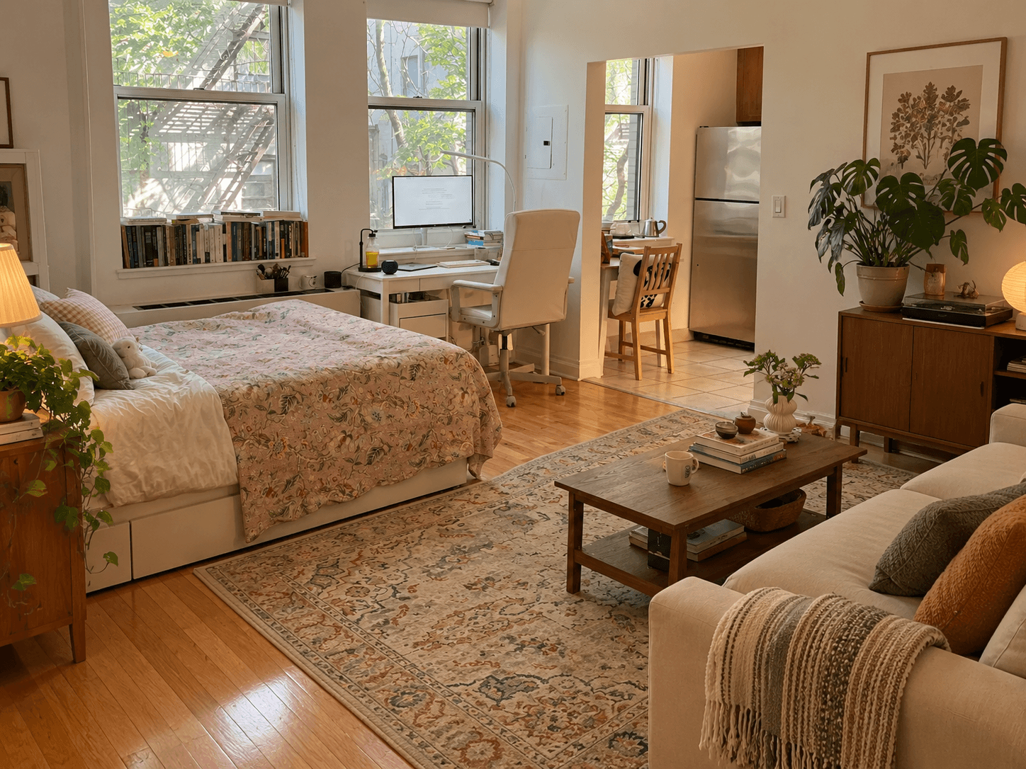 Large area rug covering the main zone of a rental living room while original flooring remains visible