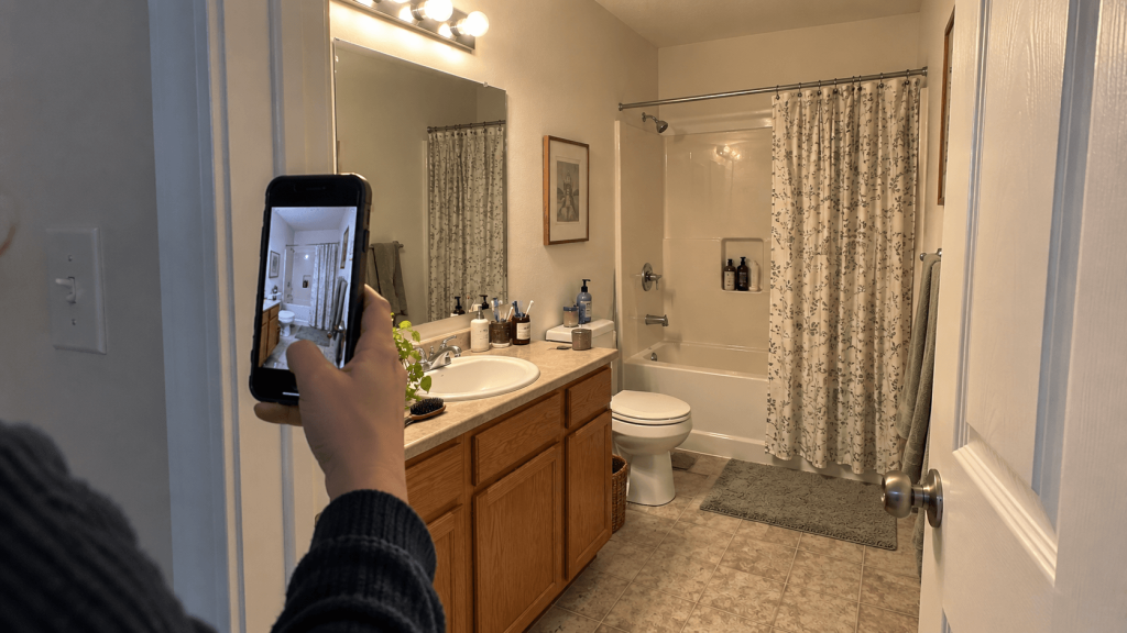 Taking a photo from the doorway to see what visually dominates a rental bathroom