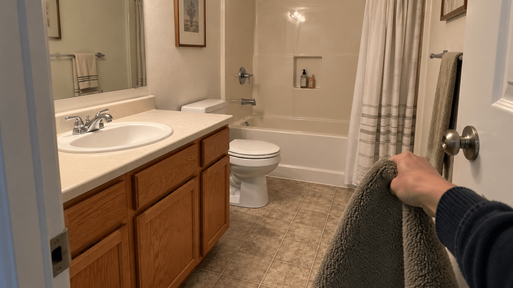 Removing a bath mat and simplifying a rental bathroom to reassess the fixed finishes