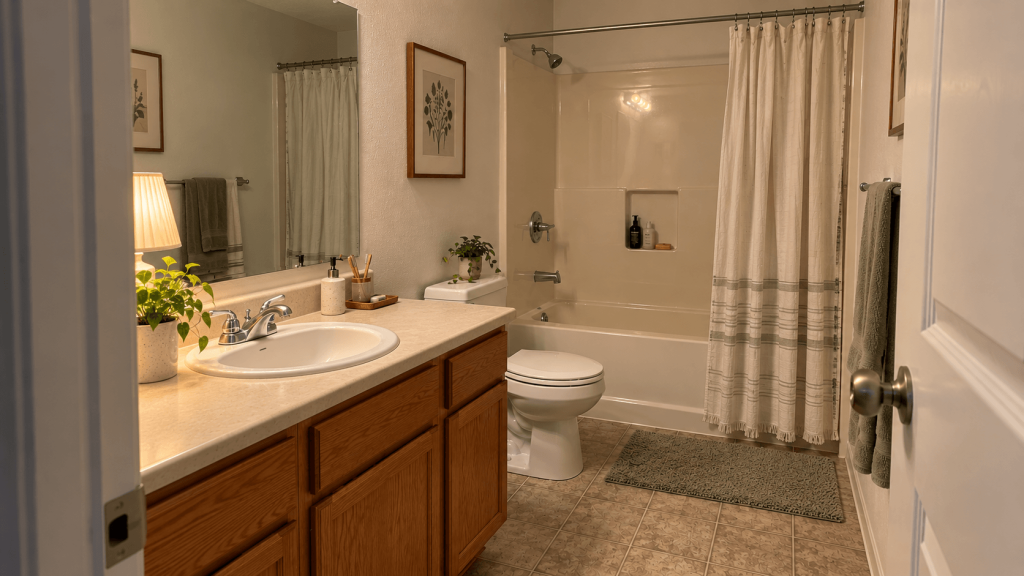 Rental bathroom with the same dated finishes under more comfortable lighting