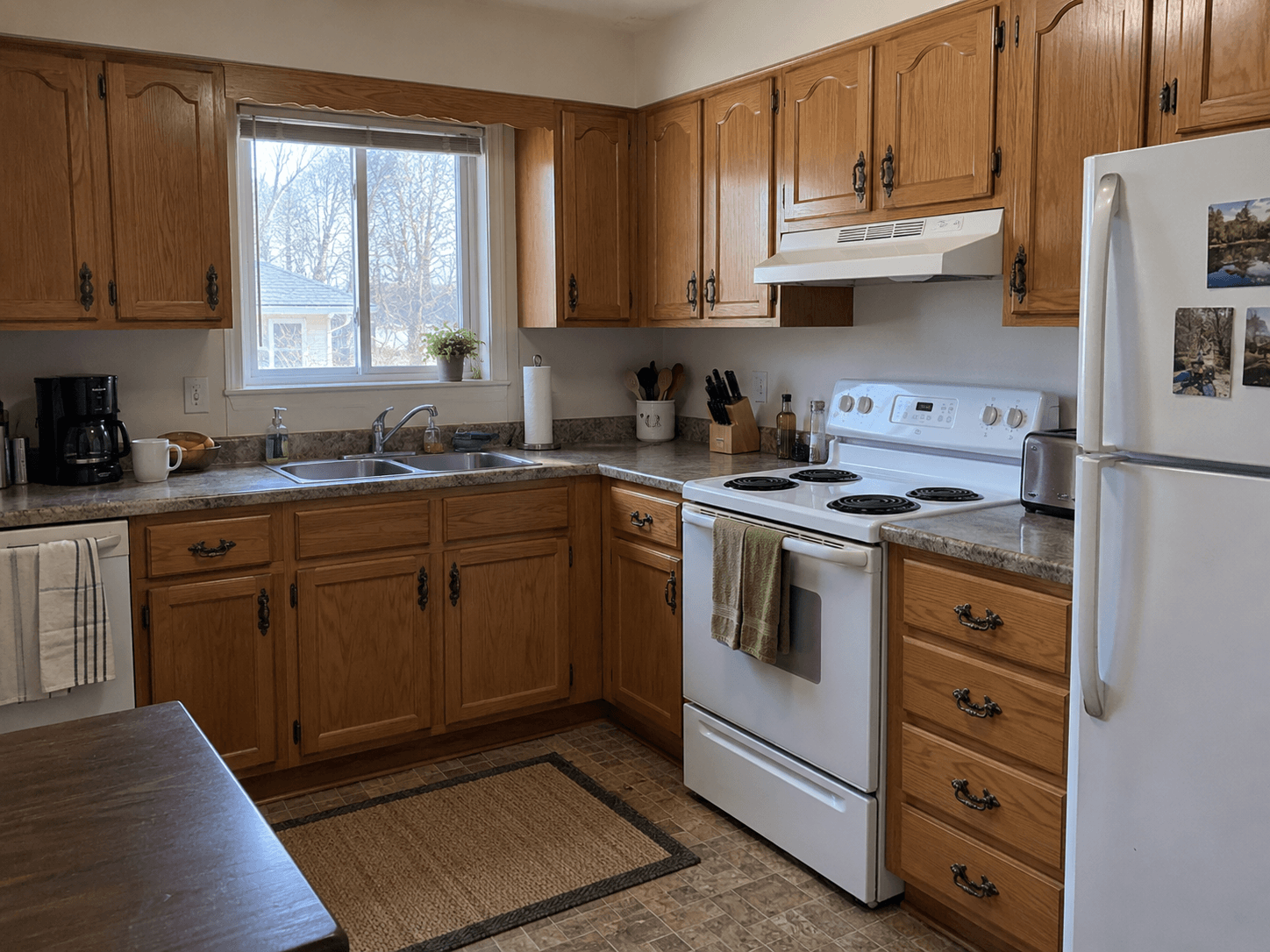 Dated cabinet hardware on wood cabinets in an ordinary rental kitchen