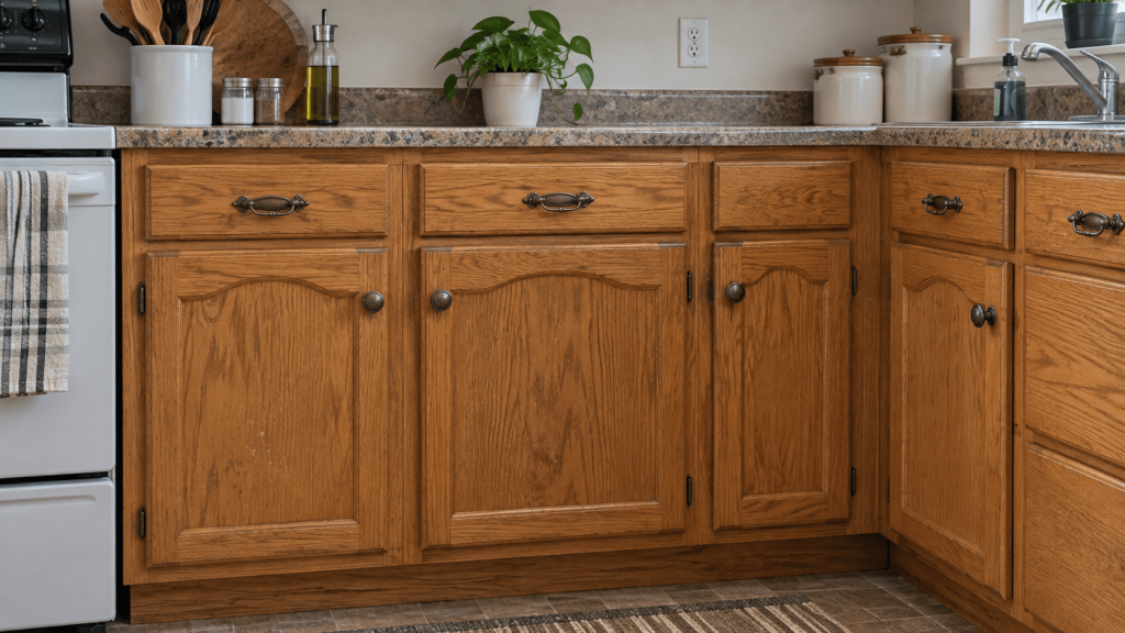 Dated hardware and honey-toned cabinets in a rental kitchen