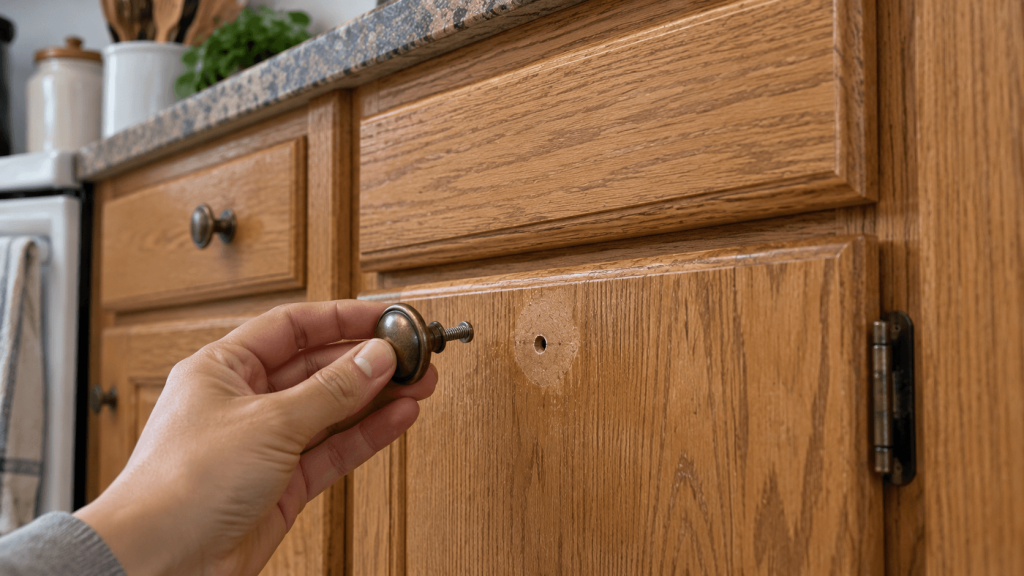 Removing rental cabinet hardware to inspect the surface and mounting hole underneath