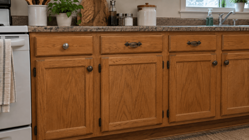 Testing one replacement cabinet pull before changing the rest of a rental kitchen