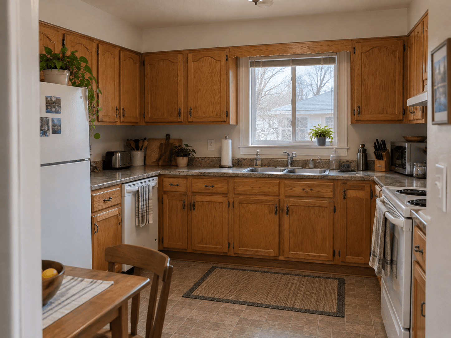 oney-oak cabinets in an ordinary rental kitchen
