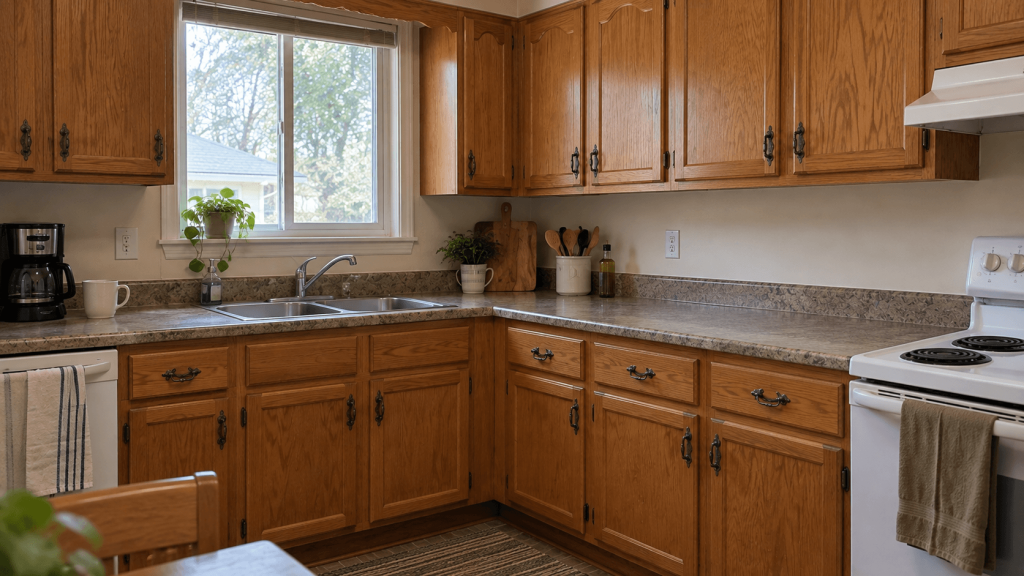 Honey-oak rental kitchen with the countertop temporarily simplified