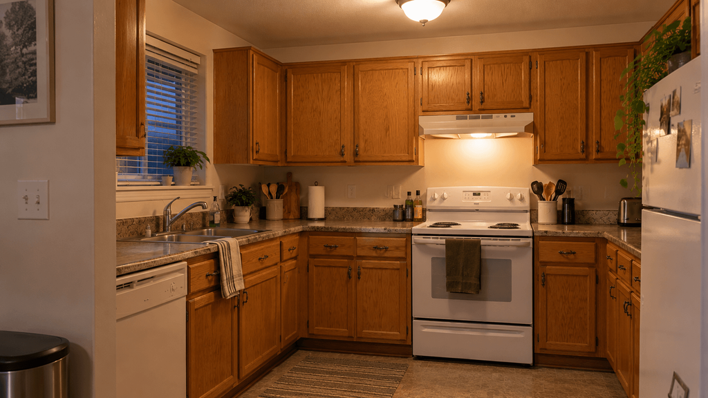 Honey-oak rental cabinets under ordinary kitchen lighting