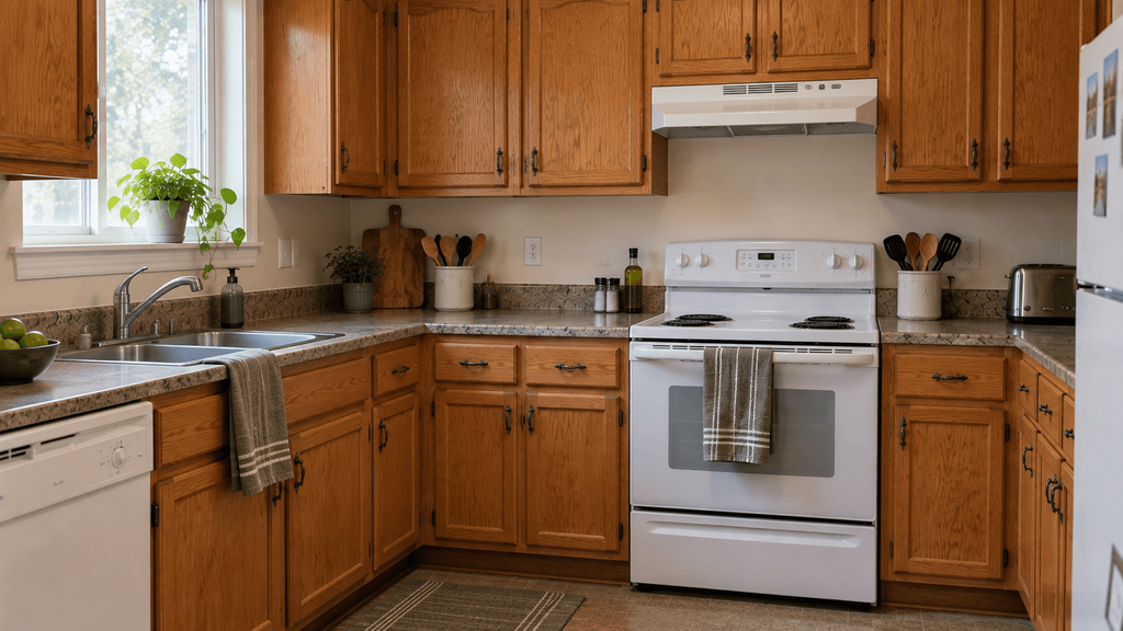 Muted movable accents adding contrast around honey-oak rental cabinets
