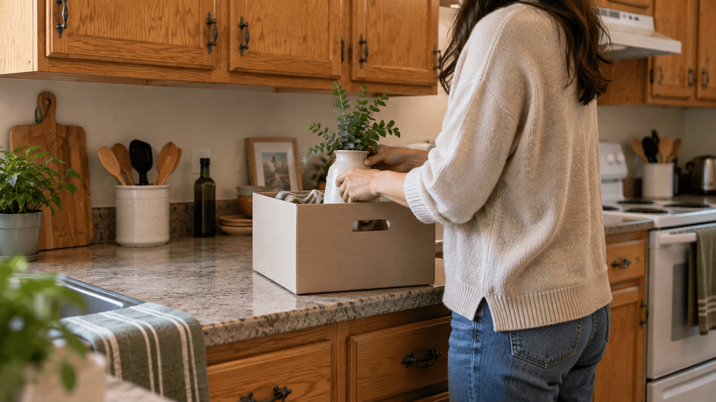 Renter simplifying decor around permanent honey-oak cabinets