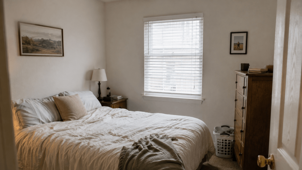 Large blank beige wall dominating a small rental room