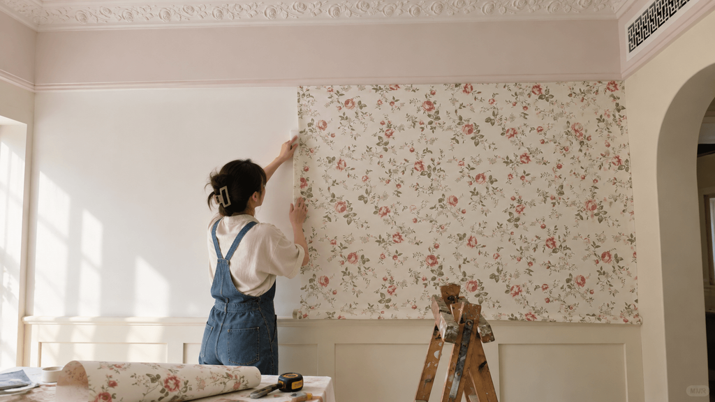 Renter installing removable wallpaper on a single accent wall