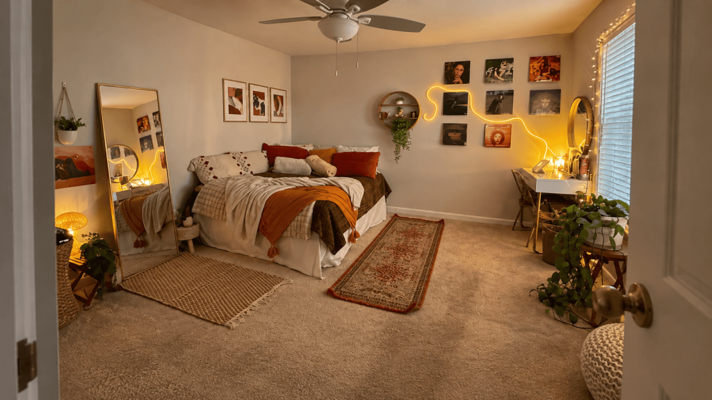 Beige rental carpet showing normal pile beside a slightly worn traffic area