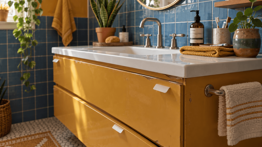 Rental bathroom vanity showing moisture damage and peeling surface