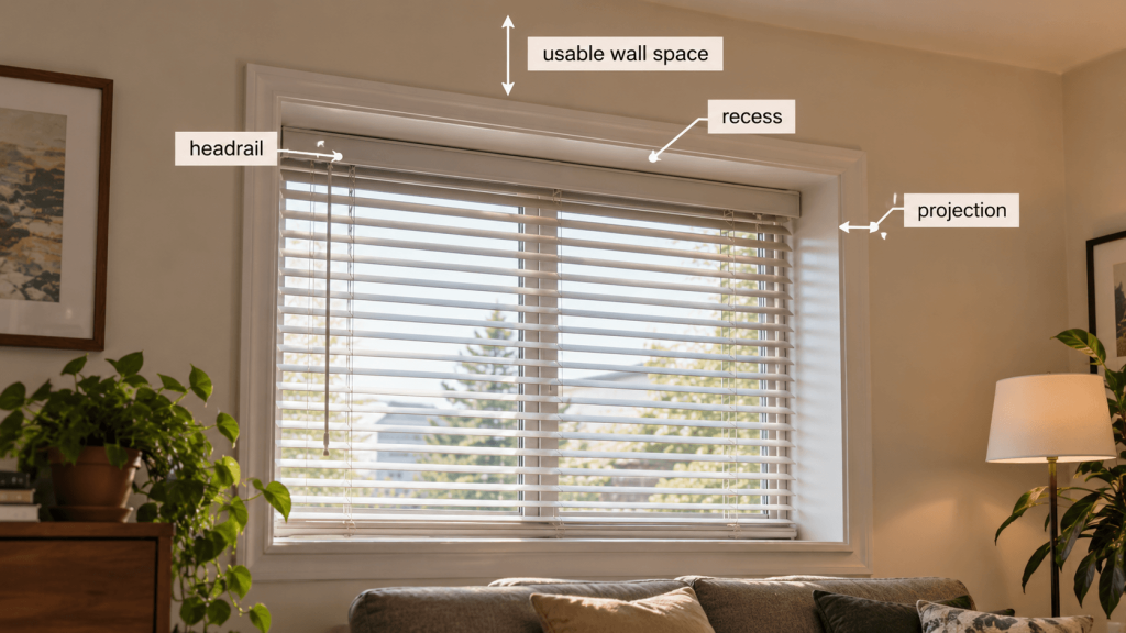 Rental window showing horizontal blind headrail, recess and mounting space