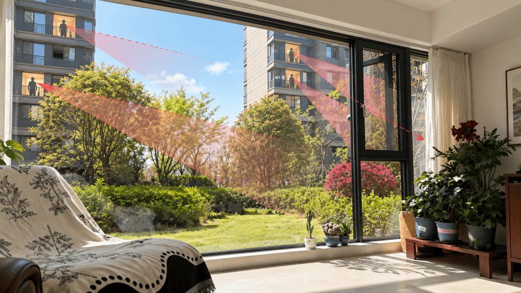 Ground-floor rental window facing a sidewalk and nearby buildings