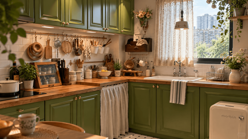 Rental kitchen with dated backsplash, cabinets, and countertops