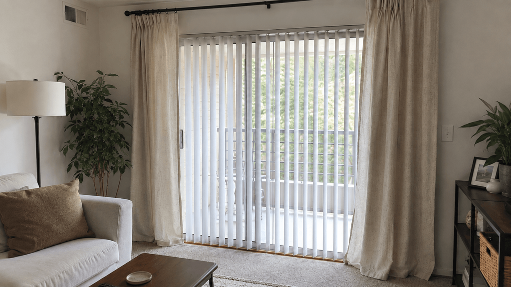 Blackout curtains layered in front of existing vertical blinds