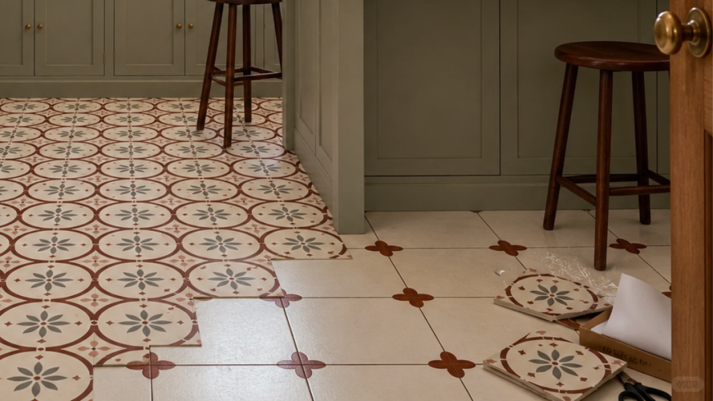 Partially installed peel-and-stick floor tile in a rental