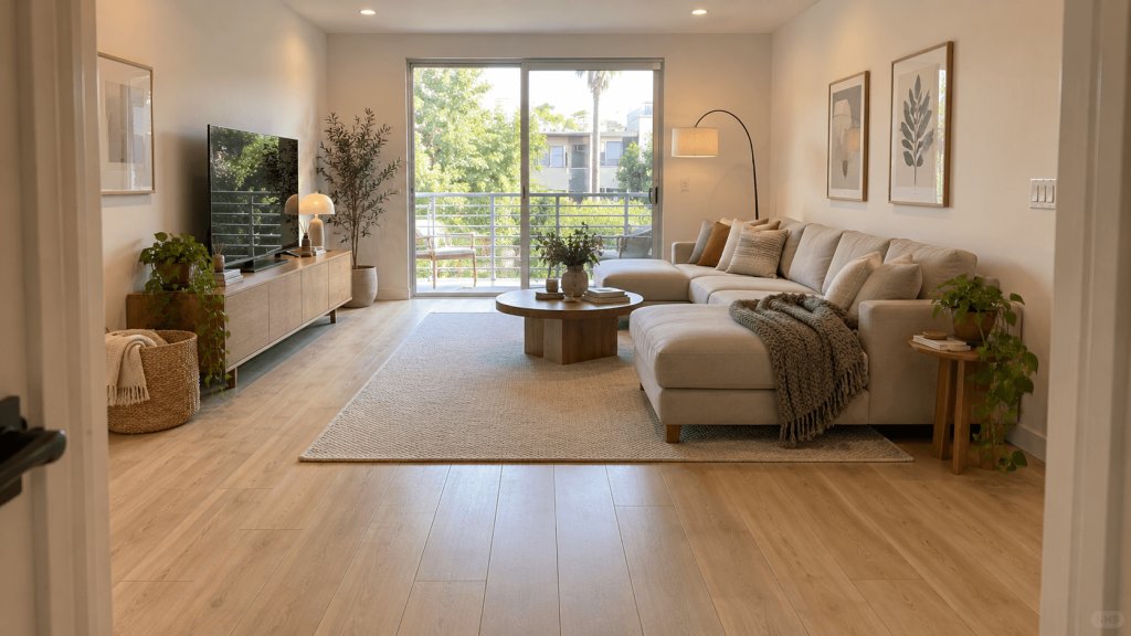 Rental living room viewed from the doorway with exposed flooring across the room