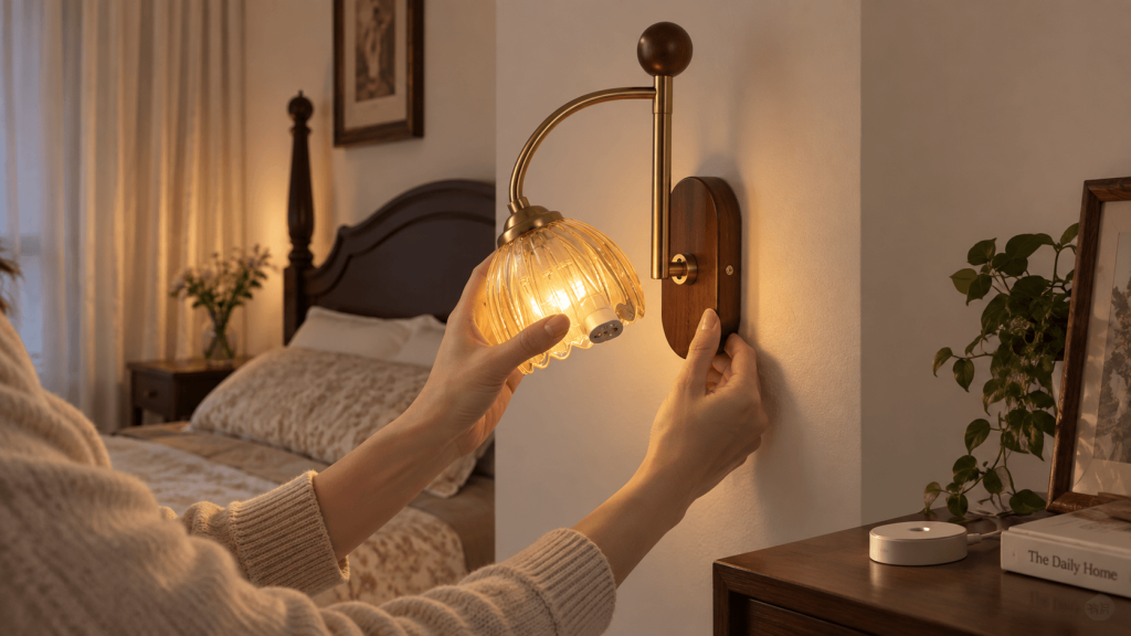 Removing a rechargeable light from a battery wall sconce for charging