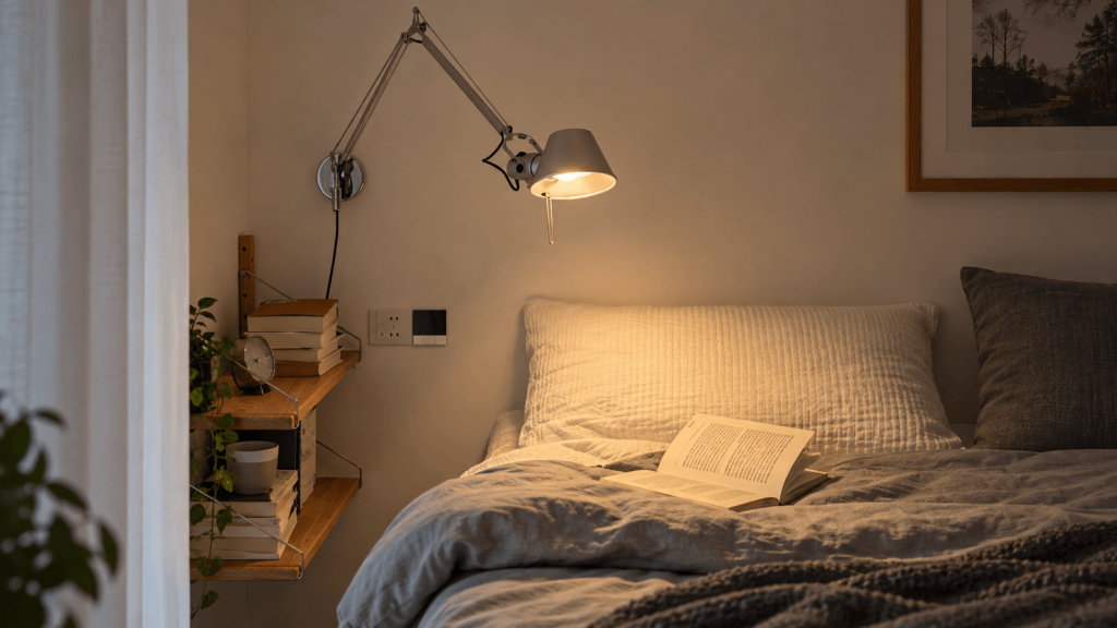 Plug-in wall sconce near an accessible outlet in a rental