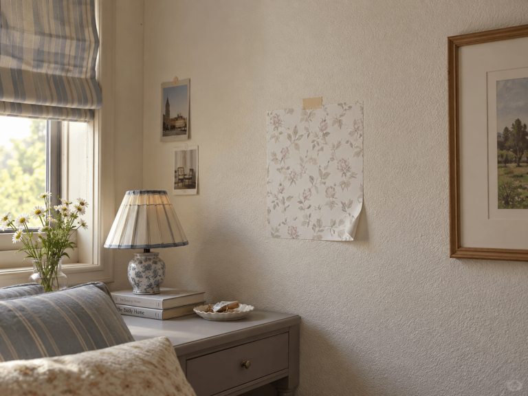 Peel-and-stick wallpaper sample on a textured rental wall