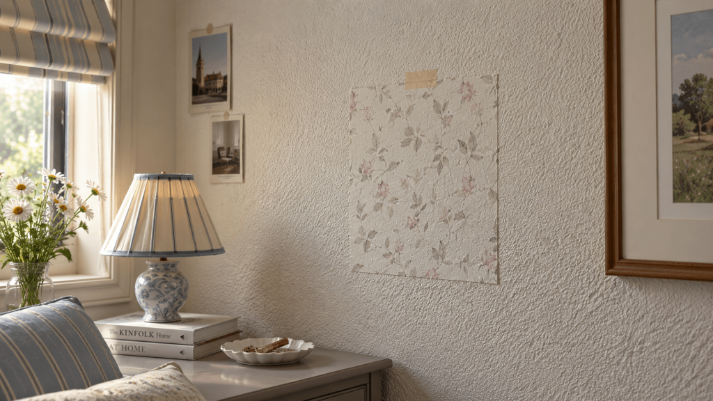 Testing peel-and-stick wallpaper on a textured wall before covering the full wall