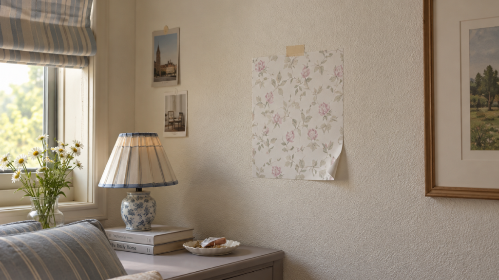 Peel-and-stick wallpaper edge lifting from a textured wall